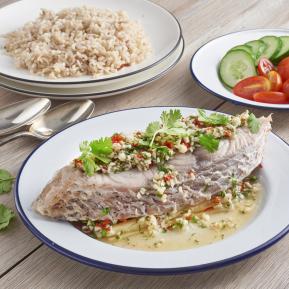 Steamed fish and brown rice